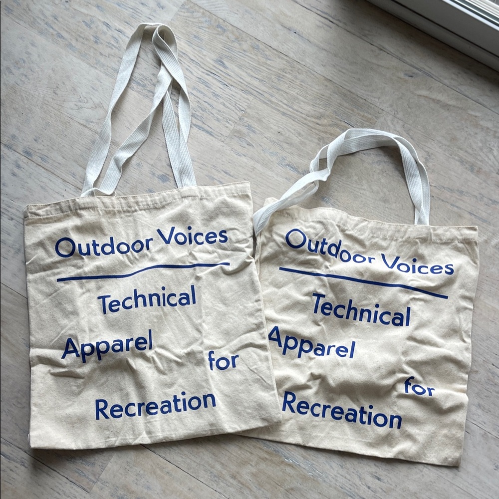 Outdoor Voices Beige Tote Bags with Blue Text